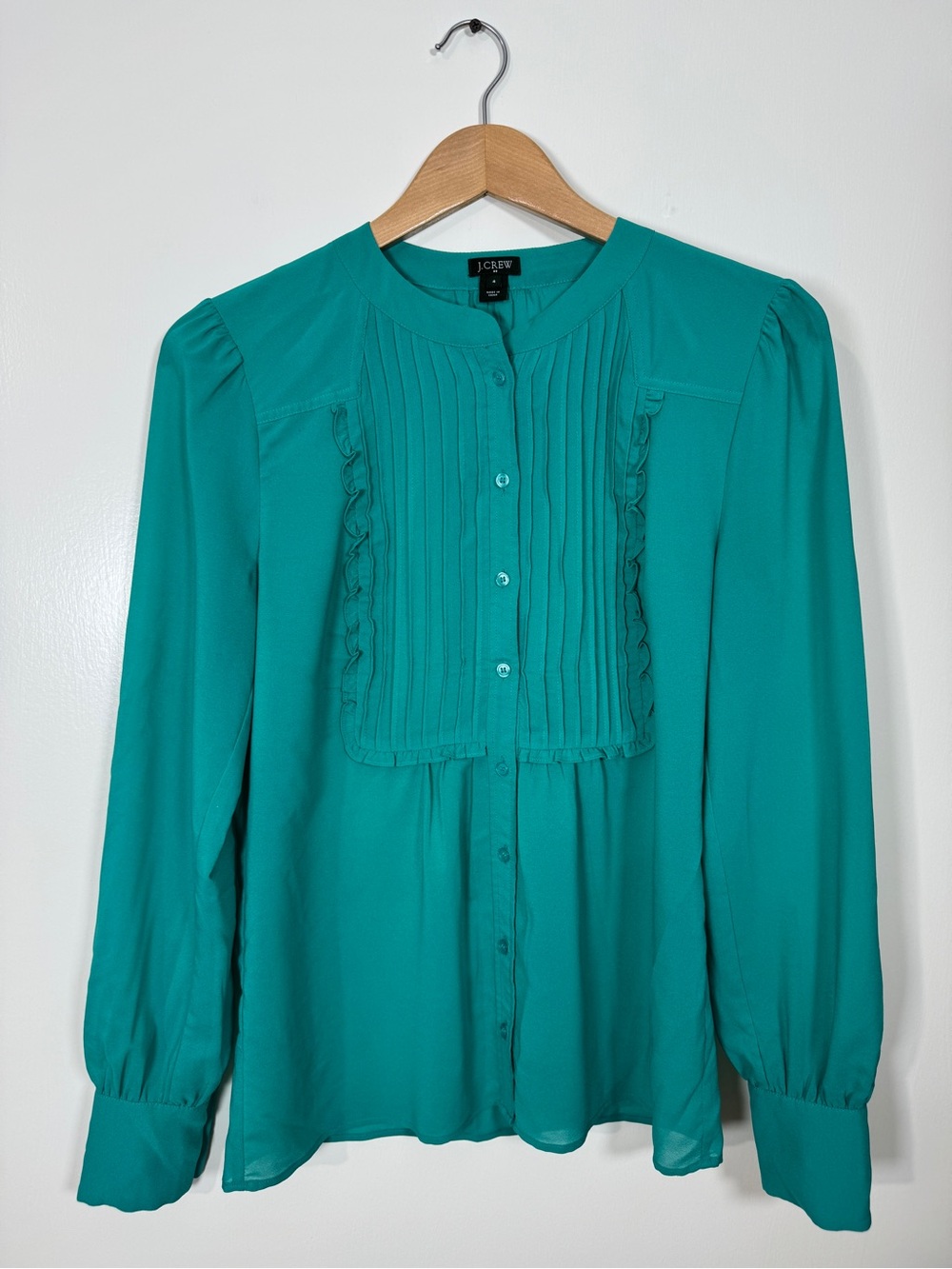 WSH114 {J. Crew} Teal Green Ruffle Pleated Long Sleeve Blouse Shirt Top